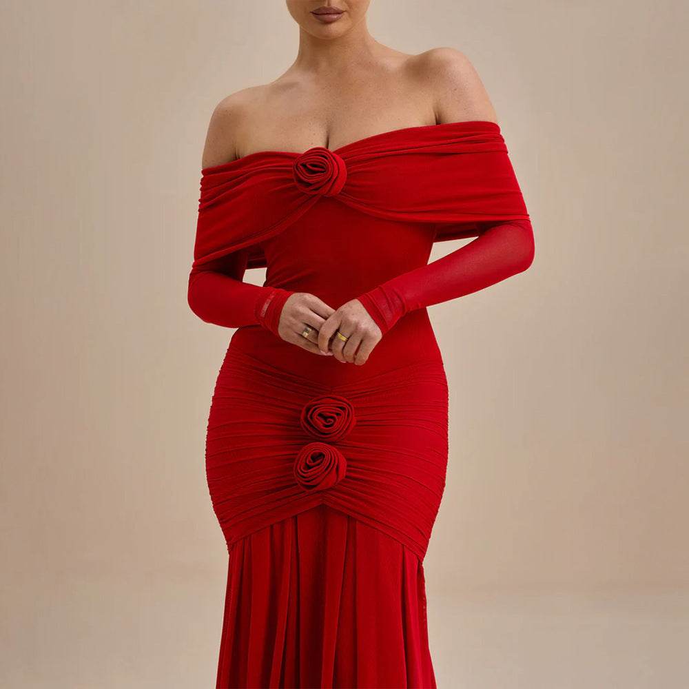 Buycenter Off-Shoulder Pleated Dress - Elegant High Waist Floral Style - Buy Center