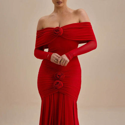 Buycenter Off-Shoulder Pleated Dress - Elegant High Waist Floral Style - Buy Center
