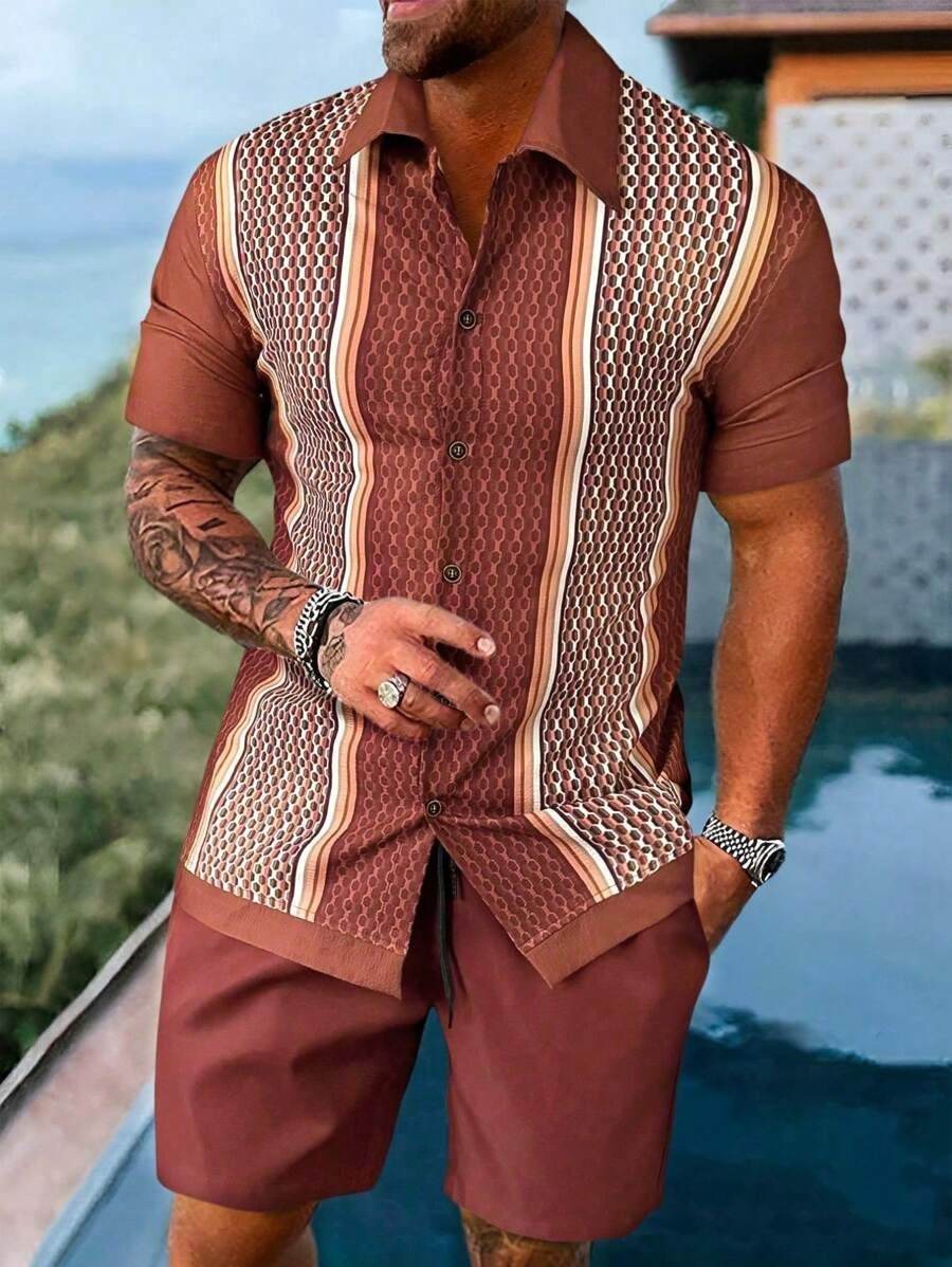 Men's Loose Casual Geometric Short Shirt - Lightweight & Breathable Summer Style - Buy Center
