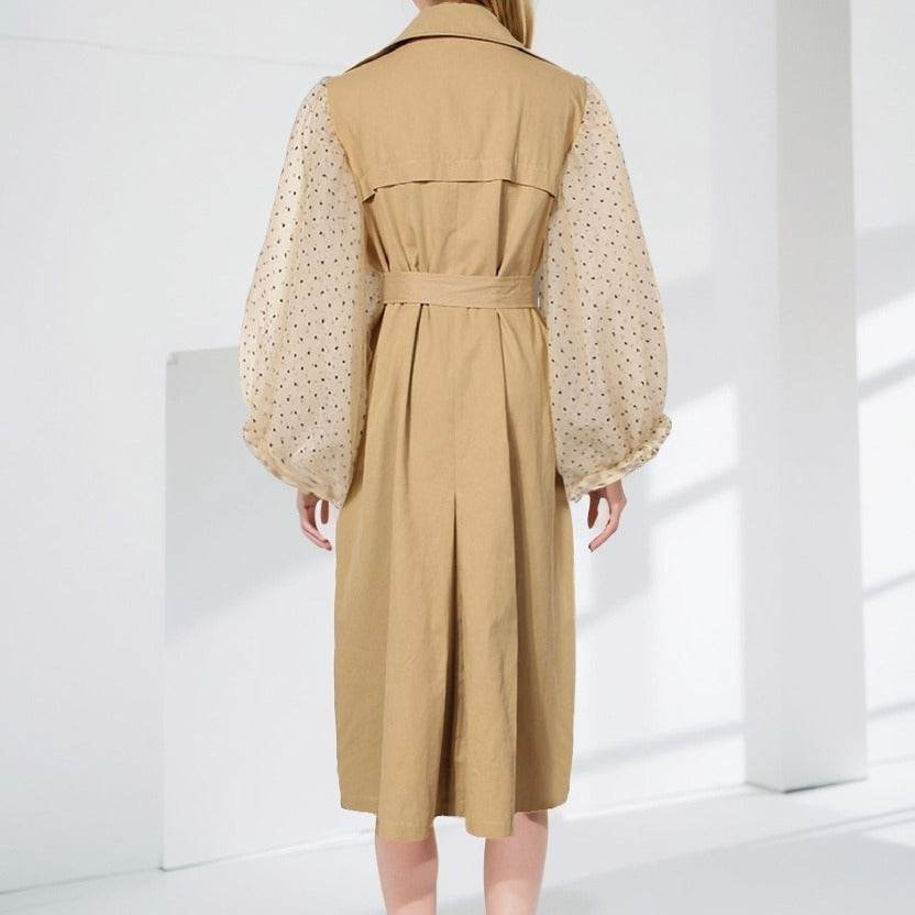 Buycenter Women's Mid-Length Trench Coat - Casual Cotton Dots Design - Buy Center