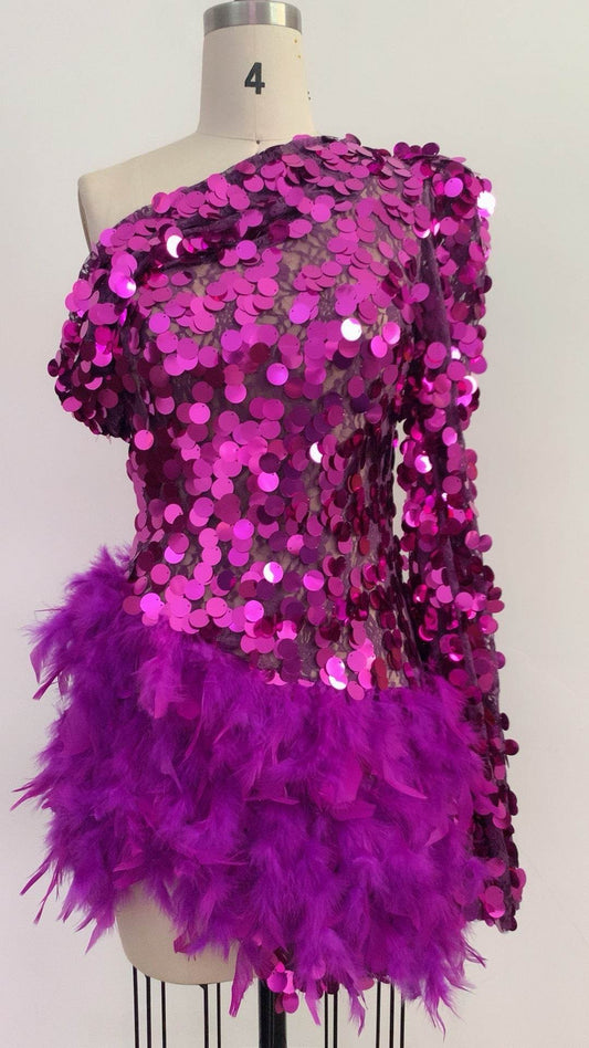 Luxury Purple Sequined Feather Skirt Dress - One-Shoulder Cocktail Glamour - Buy Center