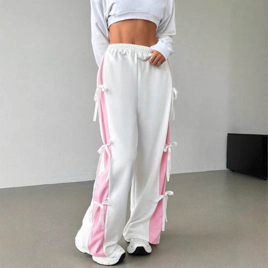 Women's Contrast Color Straight-Leg Trousers - Stylish Mid Rise, Elastic Waist - Buy Center