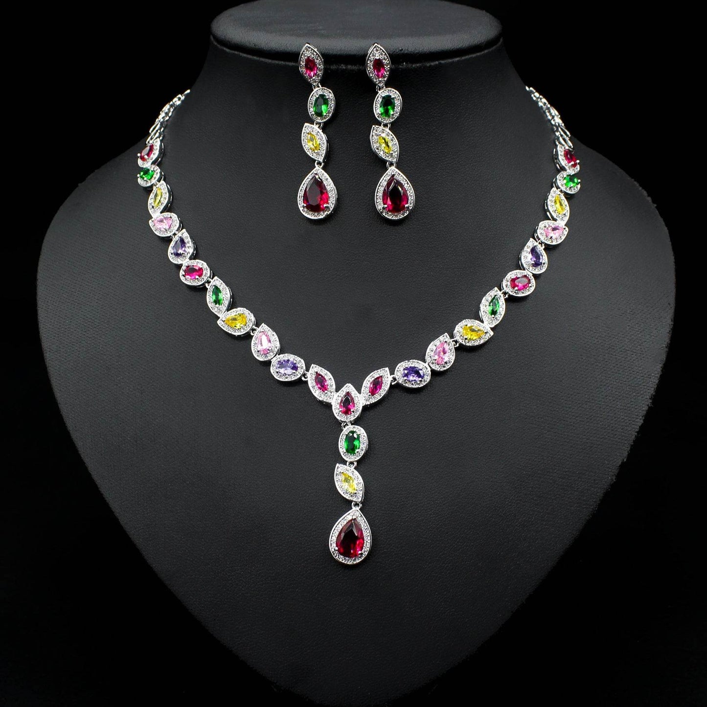 Colorful Zircon Wedding Jewelry Set - Elegant Necklace & Earrings 2025 - Buy Center