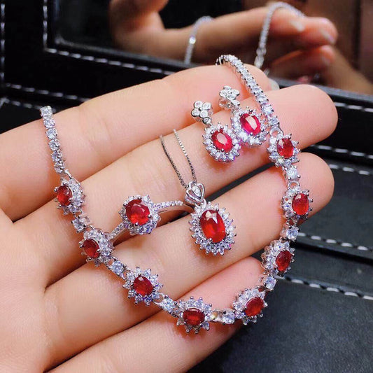 Buycenter Burmese Ruby Jewelry Set - Elegant Silver Necklace, Ring & Earrings - Buy Center