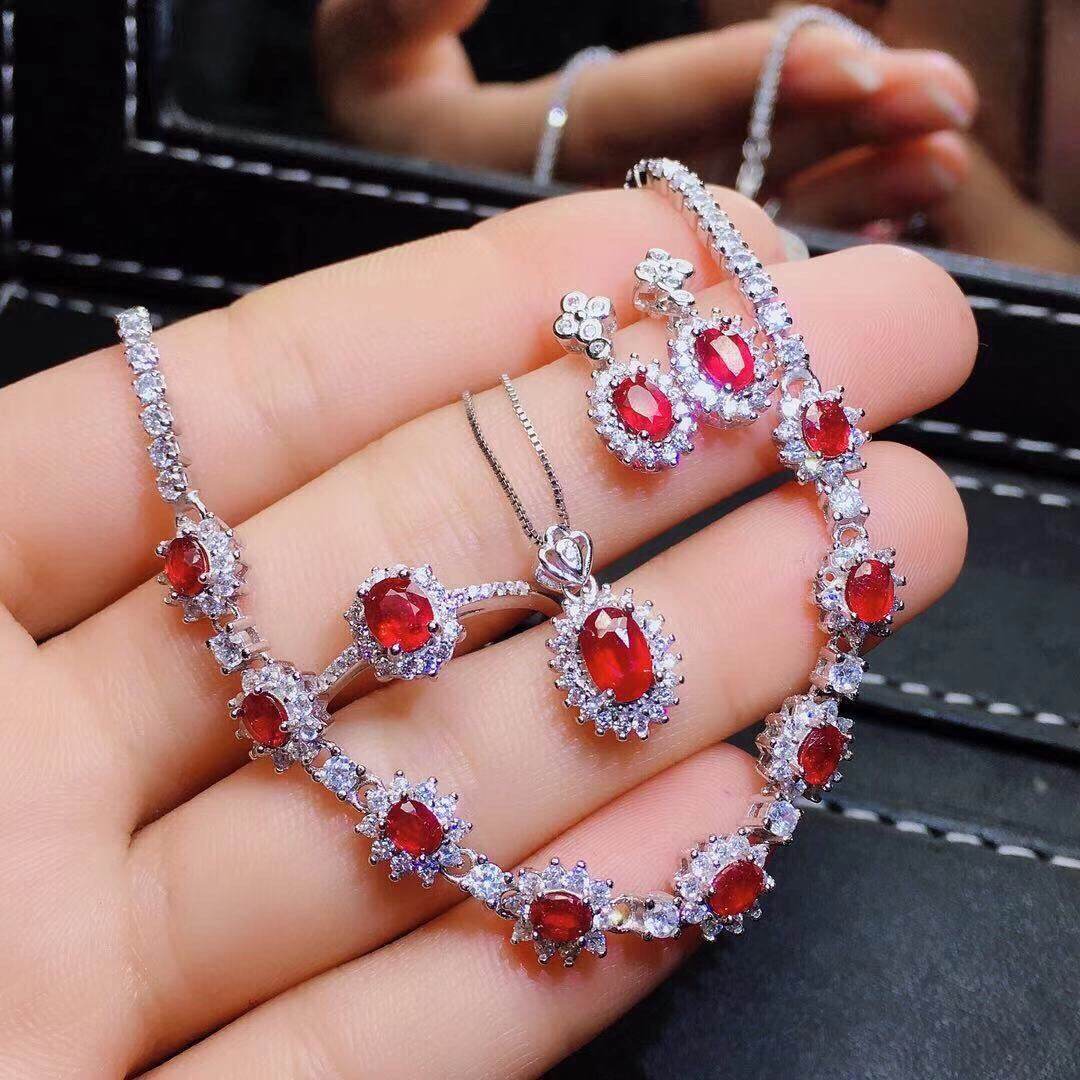 Buycenter Burmese Ruby Jewelry Set - Elegant Silver Necklace, Ring & Earrings - Buy Center