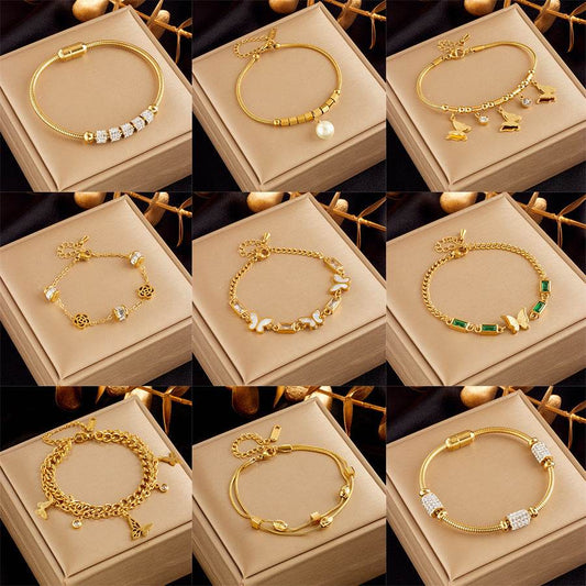 Buycenter Gold-Plated Butterfly Pearl Bracelet - Fashionable Rhinestone Charm - Buy Center