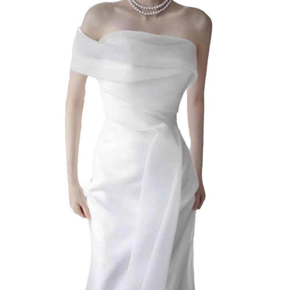 Elegant French Off-Shoulder Wedding Dress - Stylish Light White Gown - Buy Center