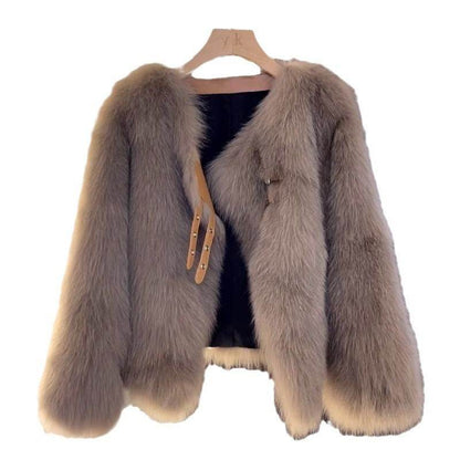 Women's Short Autumn Button Top - Stylish Coat with Fur Collar - Buy Center