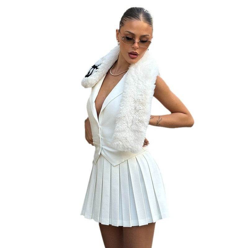 Women's Halter Backless Two-Piece Suit - High Waisted Pleated Skirt Set - Buy Center