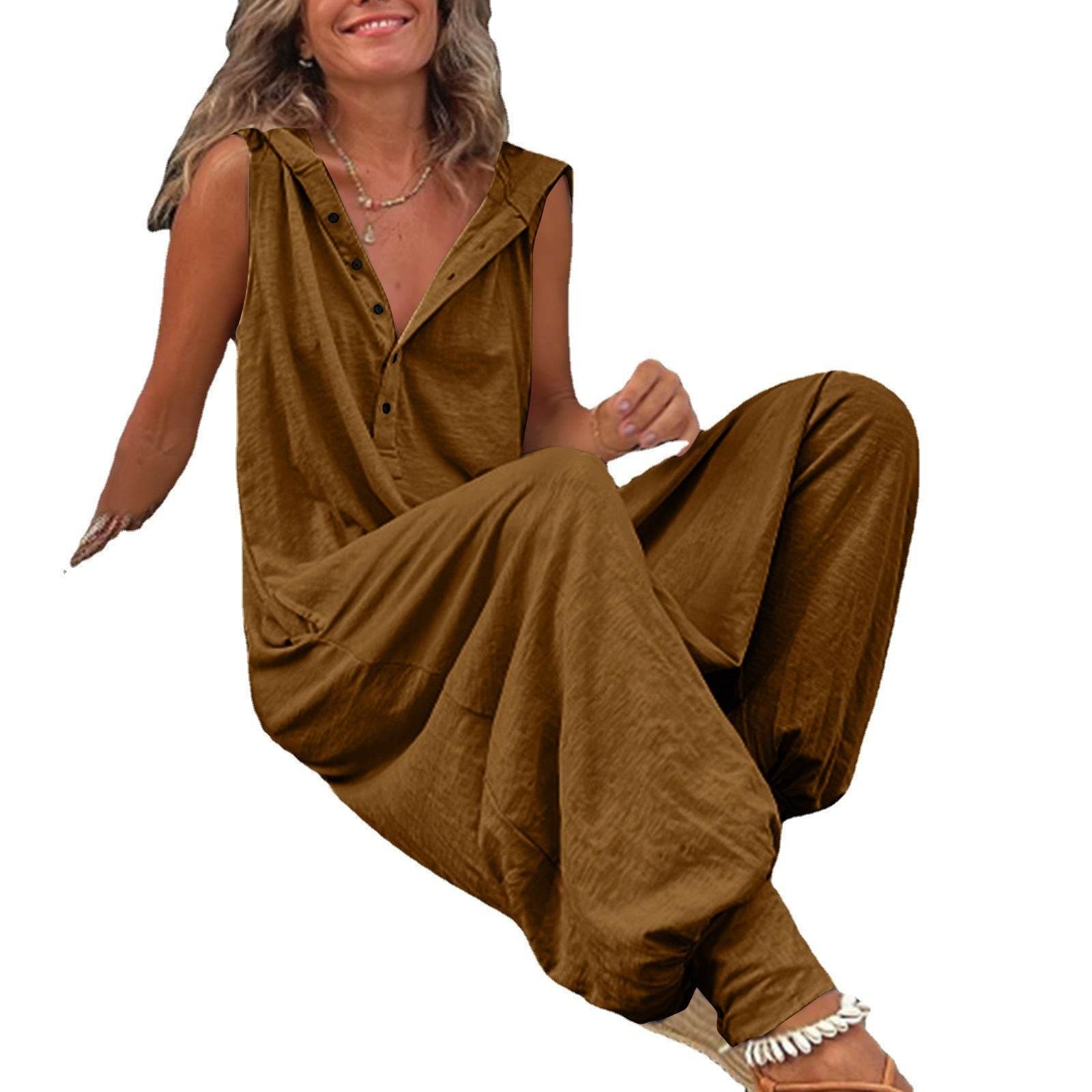 New Button Hooded Sleeveless Jumpsuit - Stylish & Comfortable for All Sizes - Buy Center