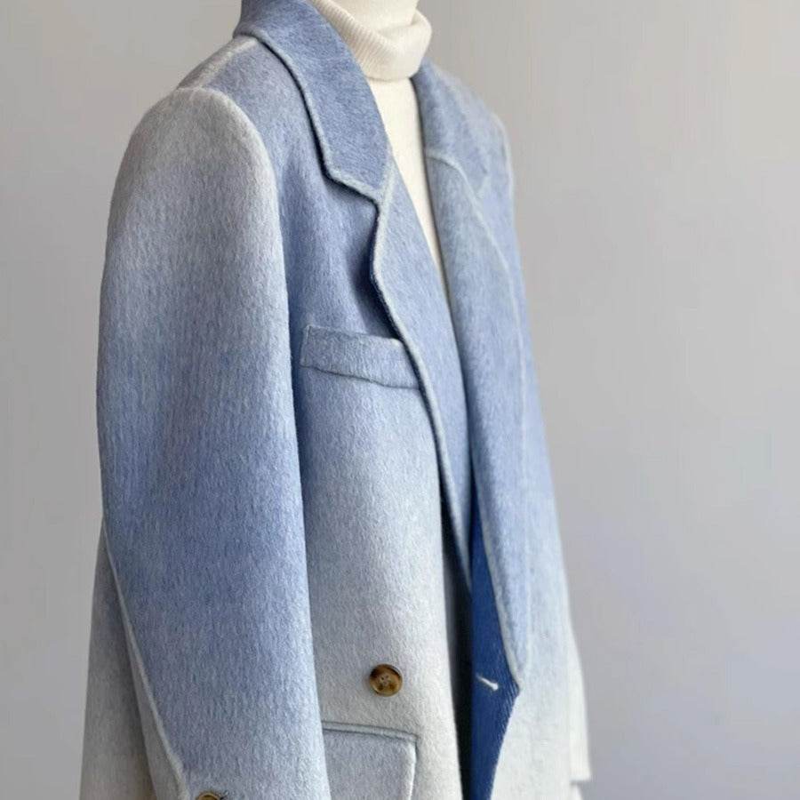 Elegant Blue Gradient Woolen Coat - Double-Faced, Stylish Commuter Design - Buy Center