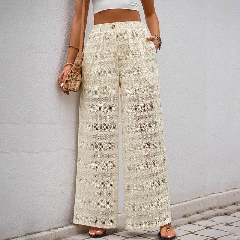 Buycenter Women's High Waist Lace Wide Leg Pants - Elegant Apricot Style - Buy Center