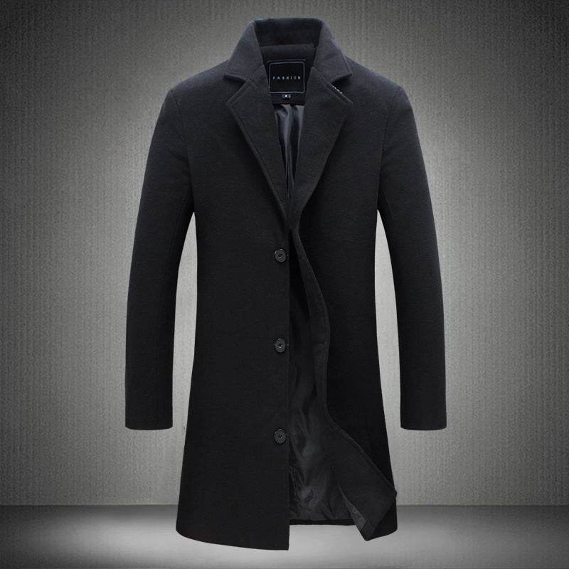 Men's Slim-Fit Woolen Coat - Stylish Mid-Length Trench with Lapel Collar - Buy Center