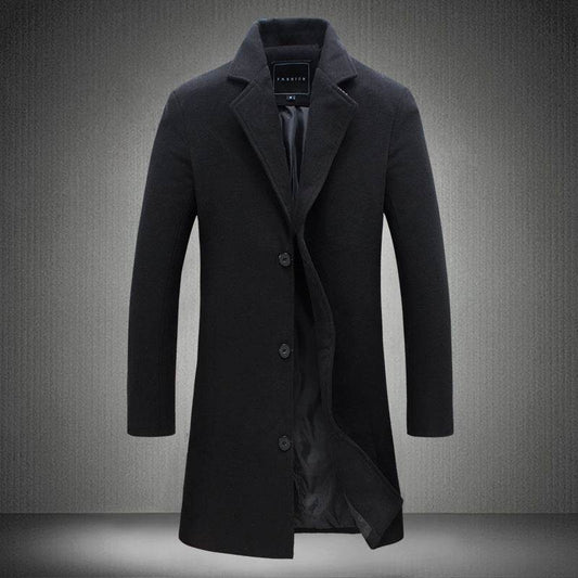 Men's Slim-Fit Woolen Coat - Stylish Mid-Length Trench with Lapel Collar - Buy Center