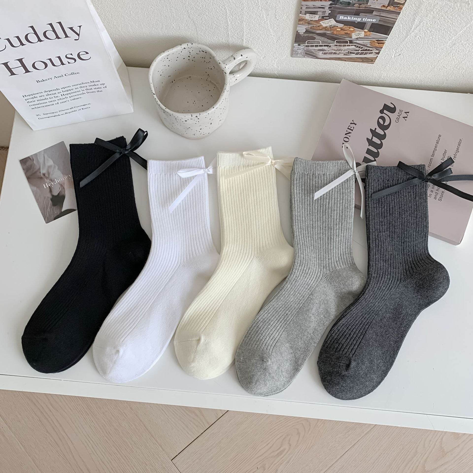 Heel Bow Socks for Women - Pure Cotton, Stylish Middle Tube Design - Buy Center