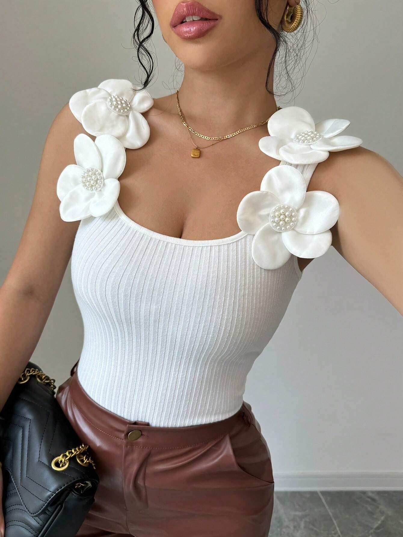 Buycenter Sleeveless Knitted Top - Casual Floral Design, Slim Fit Style - Buy Center