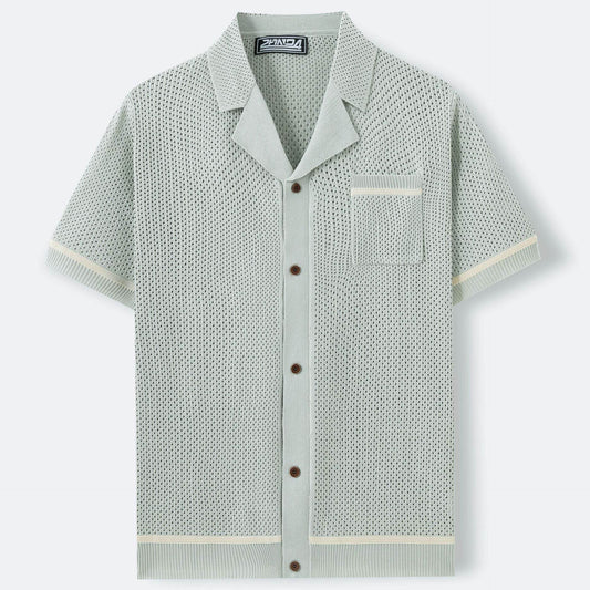 Men's Summer Cuban Collar Polo Shirt - Lightweight Knitwear in Gray, Green, Blue - Buy Center
