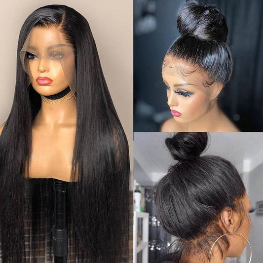 Real Human Hair Lace Wig Set - Medium Length Straight Black Wig - Buy Center