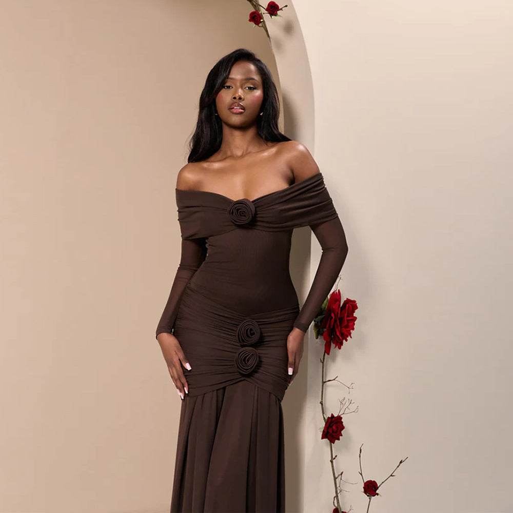 Buycenter Off-Shoulder Pleated Dress - Elegant High Waist Floral Style - Buy Center