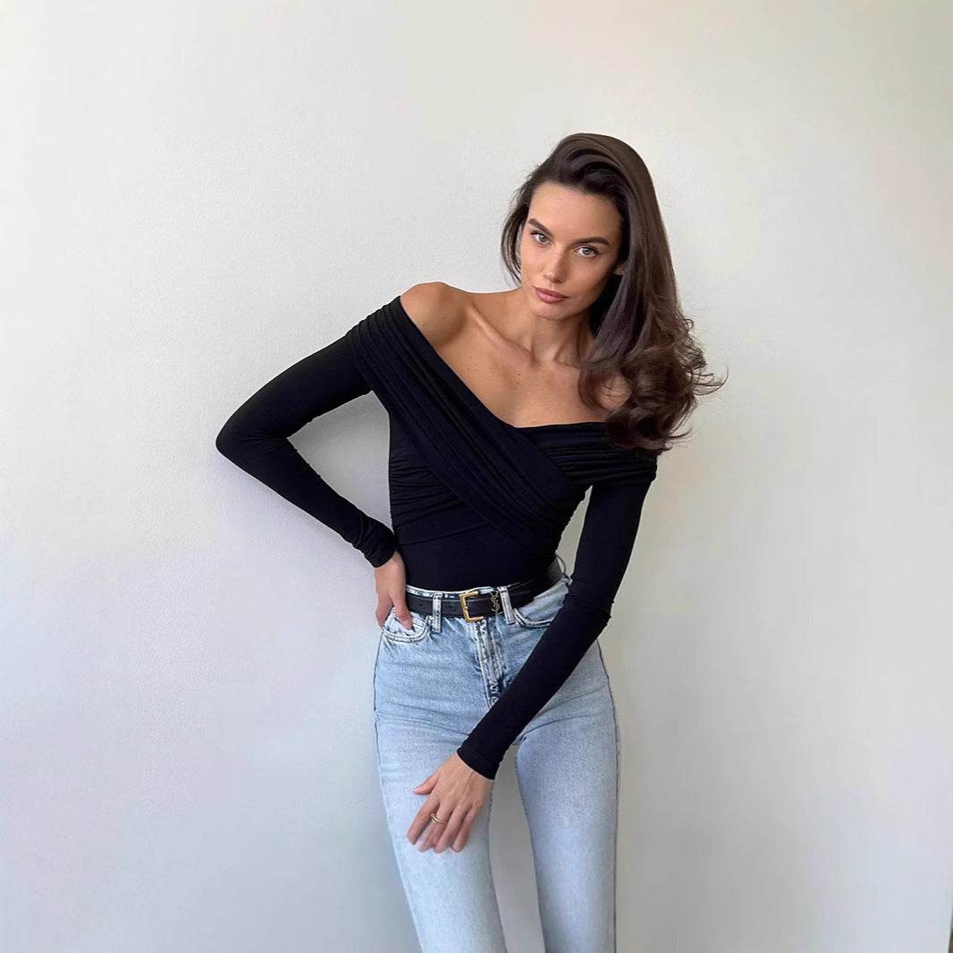 Buycenter Fashion Off-Shoulder V-Neck Slim-Fit Long Sleeve Top - Buy Center