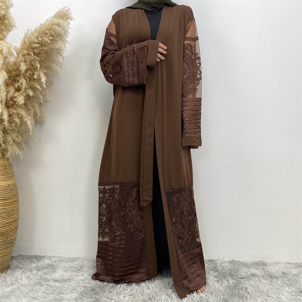 Buycenter Embroidered Mesh Robe Dress - Elegant Women's Long Trench Coat - Buy Center