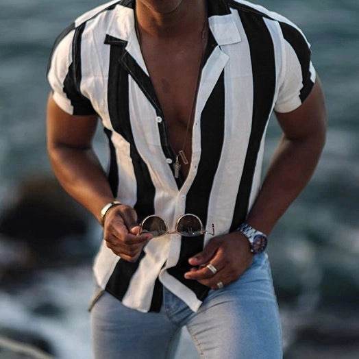 Buycenter Men's Short-Sleeved Cotton Shirt - Striped Mercerized Design - Buy Center