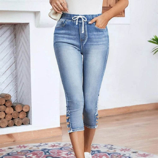 Buycenter Women's Stretch Jeans - Elastic Waistband & Lace-up Design - Buy Center