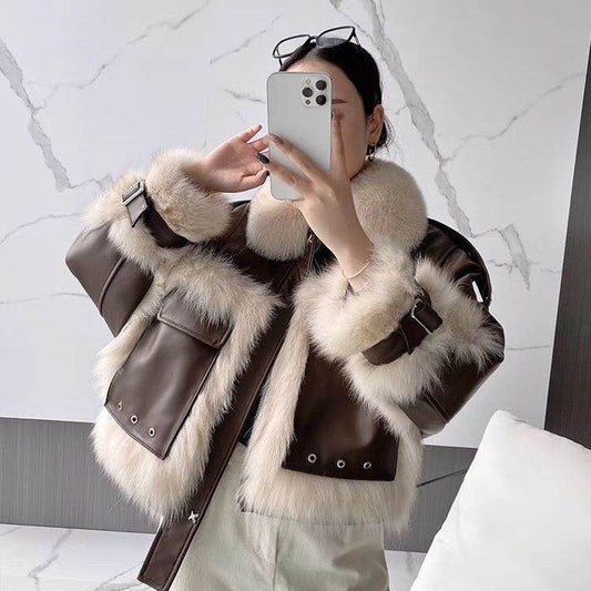 Sense Fox Fur Stitching Leather Coat - Retro Elegant Women's Outerwear - Buy Center