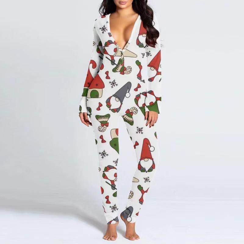 Buycenter Women's Printed Button Tight Jumpsuit - Comfortable V-Neck Style - Buy Center