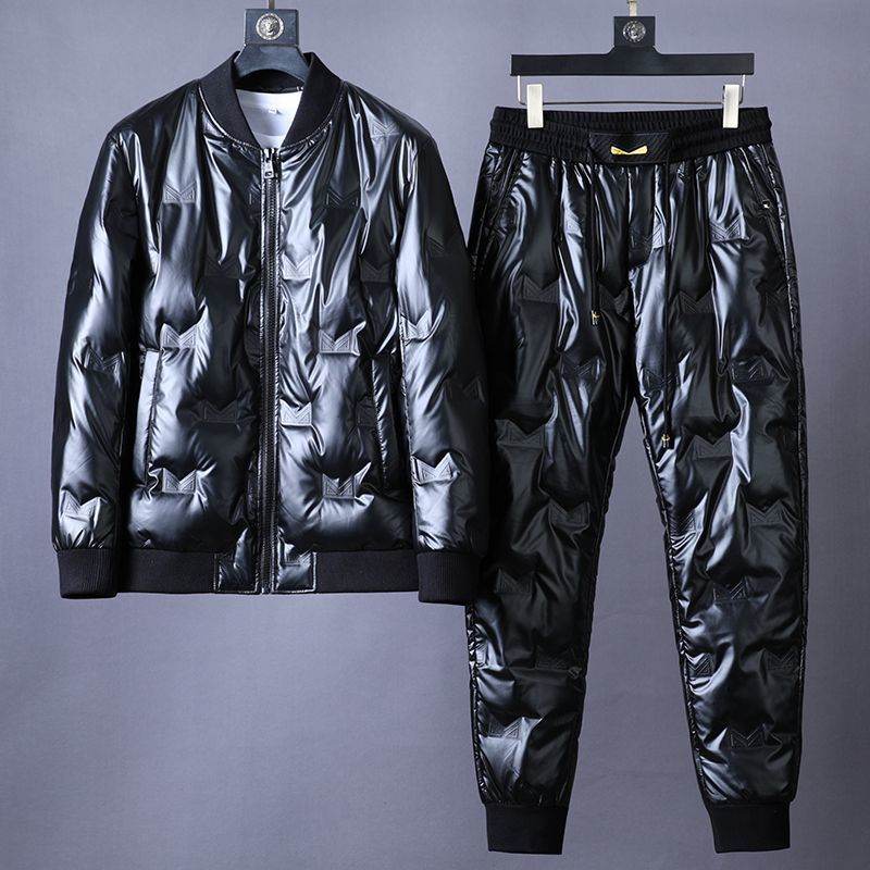 Buycenter Men's Glossy Down Jacket - Stylish Black & Silver Suit Set - Buy Center
