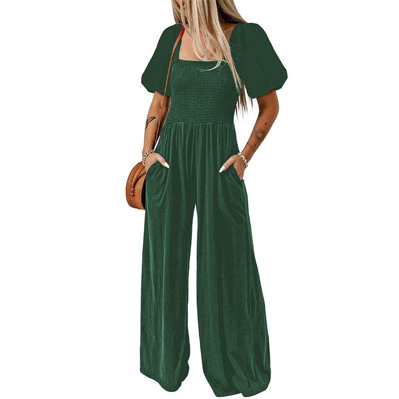 Women's Square Collar Black Jumpsuit - Chic Short Sleeve Design 2025 - Buy Center
