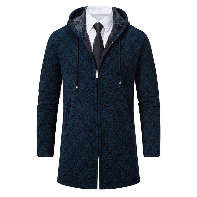 Stylish Men's Mid-Length Sweater Coat - Plaid Design with Removable Hood - Buy Center