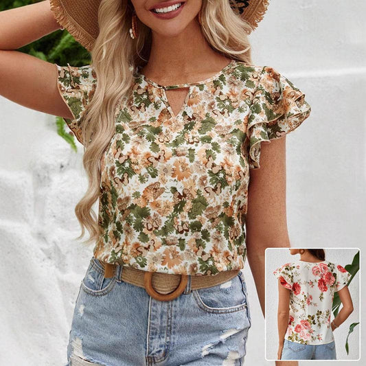 Buycenter Women's Floral Print Short Sleeve Shirt - Summer Fashion Ruffled Top - Buy Center