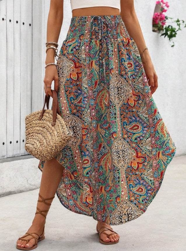 Buycenter Women's Asymmetrical Chevron Print Skirt - Dark Green Boho Style - Buy Center