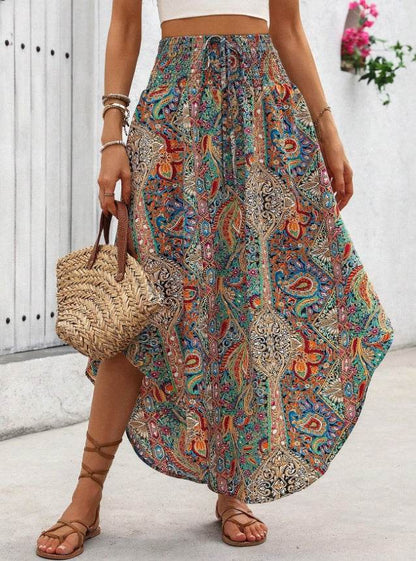 Buycenter Women's Asymmetrical Chevron Print Skirt - Dark Green Boho Style - Buy Center