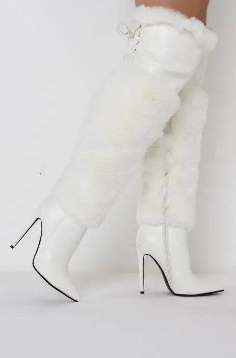 Buycenter Women's Over-the-Knee Stiletto Boots - Solid Color Plush Design - Buy Center