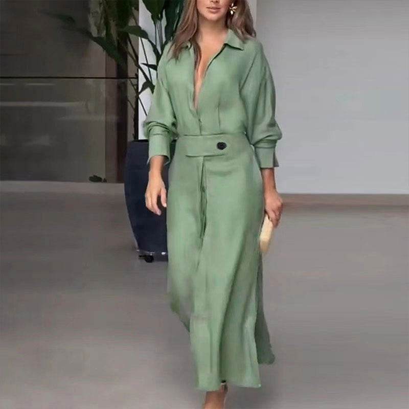 Buycenter Women's Long-Sleeved Dress - Elegant Tied Waist, Solid Colors - Buy Center