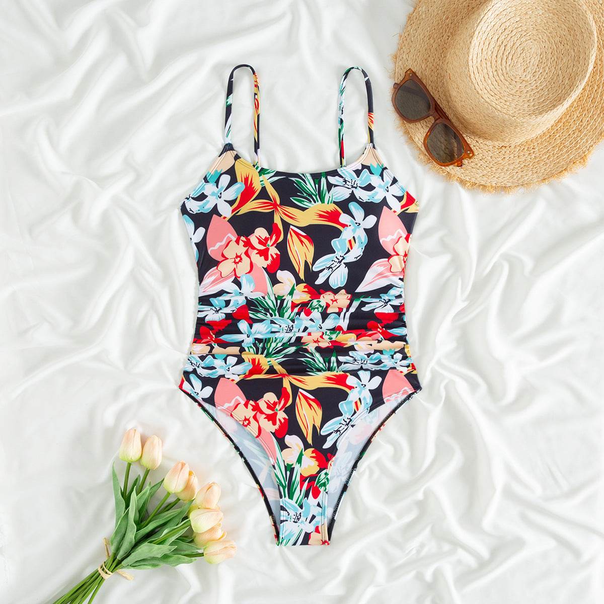 Stylish Printed Suspenders One-Piece Swimsuit - Trendy Pleated Design - Buy Center