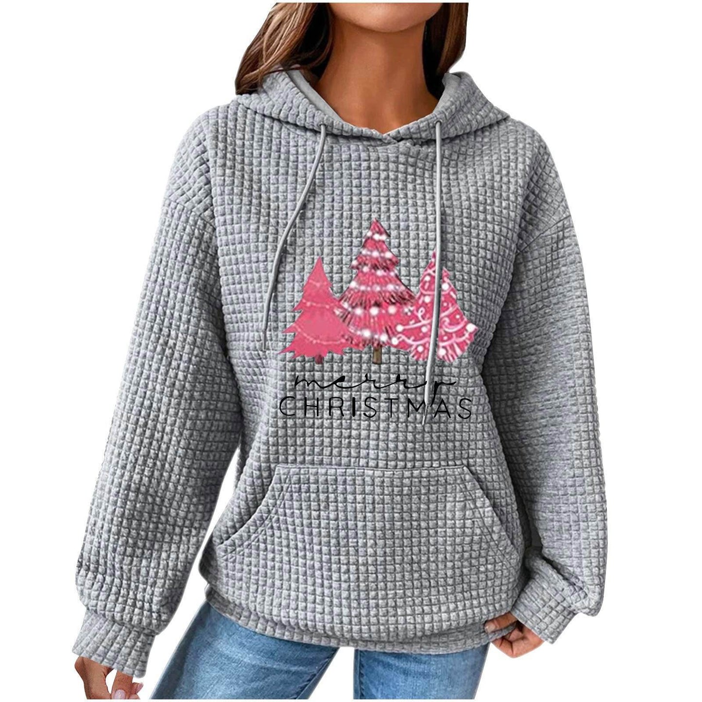 Women's Olive Green Hooded Waffle Sweater - Trendy Patchwork Design - Buy Center