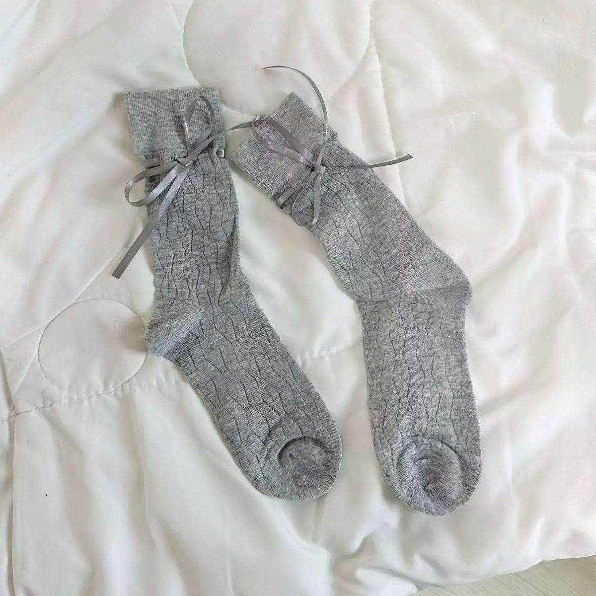 Women’s Mid-Calf Bow Socks - Stylish Straps in White, Black, Pink, Gray - Buy Center