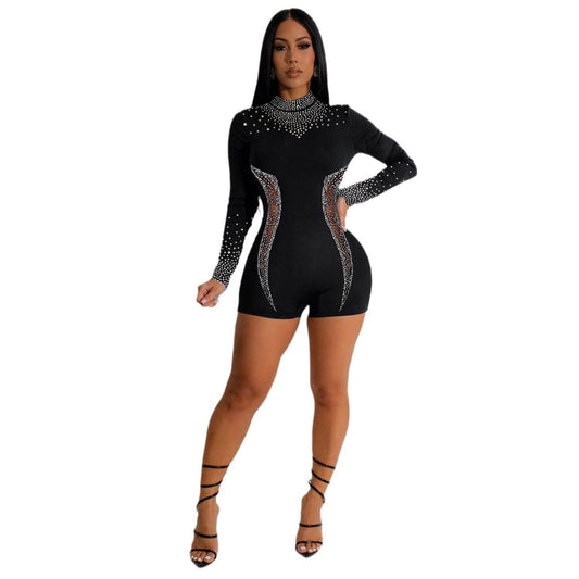 Hot Drilling Slim Fit Bodysuit - See-Through Elastic Women’s Romper - Buy Center