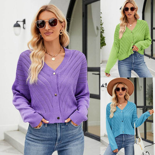 Buycenter V-Neck Hollow Knitted Cardigan - Loose Fit in Macaron Colors - Buy Center