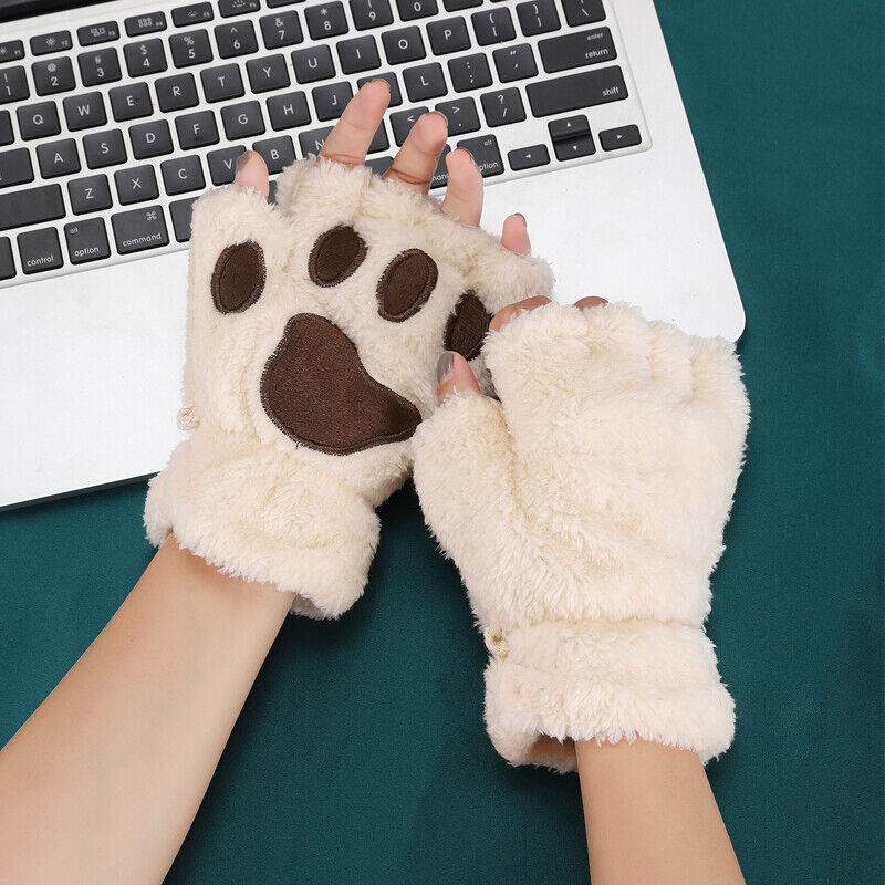 Women's Plush Cat Paw Gloves - Cozy Fingerless Mittens for Winter Style - Buy Center
