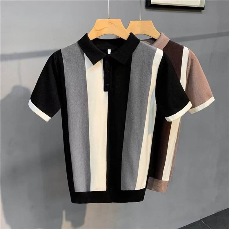 Vintage Stripe Short Sleeve Men's Shirt - Zipper, Comfortable Cotton Fit - Buy Center