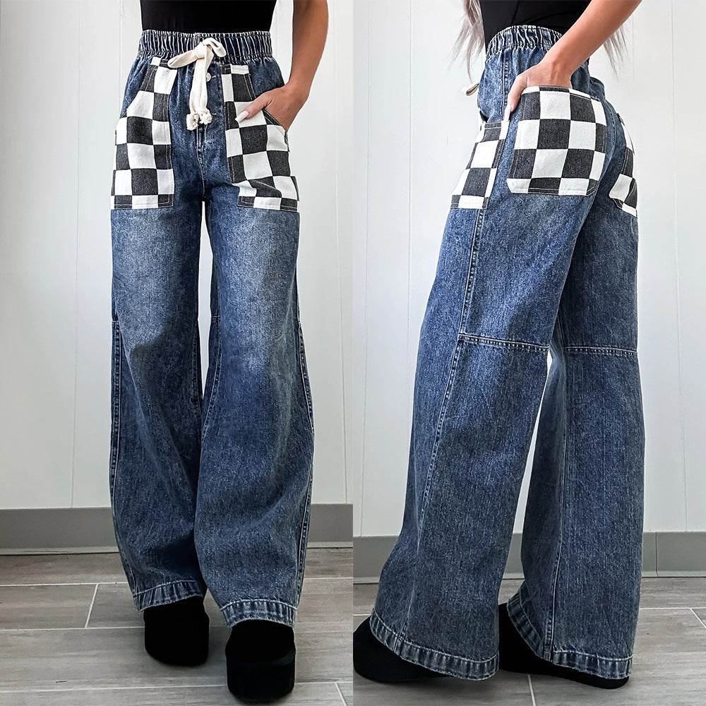 Women's Loose Plaid Contrast Denim Trousers - Stylish, Elastic Waist Fit - Buy Center