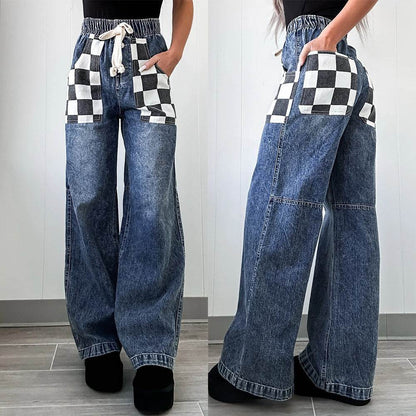 Women's Loose Plaid Contrast Denim Trousers - Stylish, Elastic Waist Fit - Buy Center