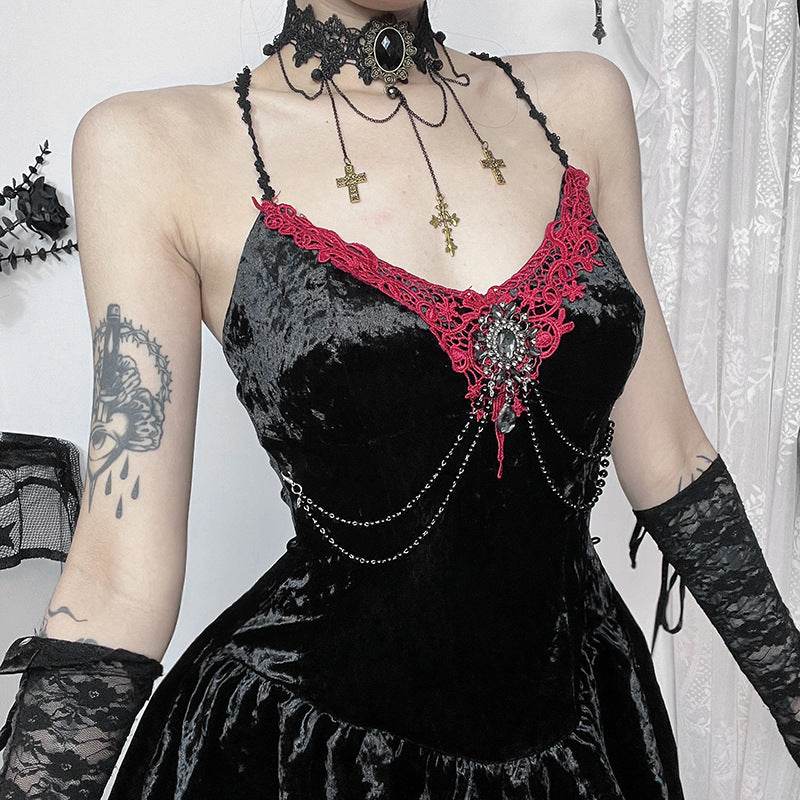Elegant Velvet Spaghetti Strap Dress for Women - Slim Fit in Black - Buy Center