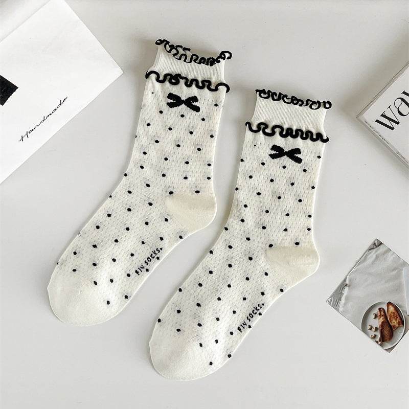 Three-Dimensional Polka Dot Bow Socks - Pure Cotton Mid-Calf for Women - Buy Center