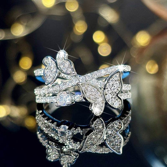 Butterfly Multi-Layer Design Ring - Elegant White Gold with Zircon Inlays - Buy Center