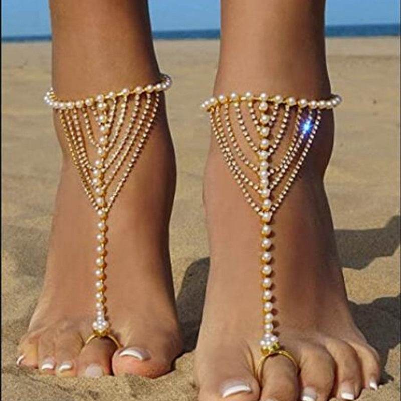 Luxurious Beach Foot Ornaments - Diamond Claw & Pearl Tassel Jewelry - Buy Center
